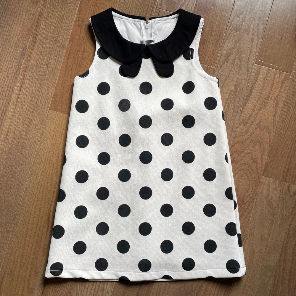 Girls Size 5 White Dress with Black Neckline and Black Polka Dots